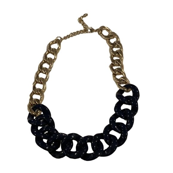 Aldo Statement Necklace Navy Blue Gold Big Chunky Bold Chain Retro Classic - Picture 1 of 12